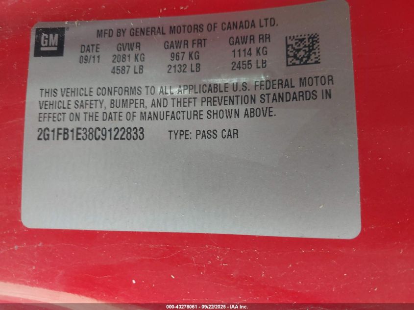 2012 Chevrolet Camaro 1Lt VIN: 2G1FB1E38C9122833 Lot: 43278061