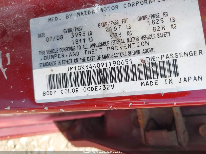 2009 Mazda Mazda3 S Touring VIN: JM1BK344091190651 Lot: 43278074