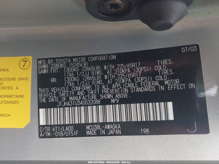 2004 Lexus Rx 330 VIN: JTJHA31U340032088 Lot: 43278082