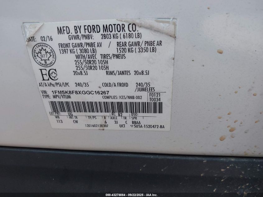 2016 Ford Explorer Limited VIN: 1FM5K8F8XGGC16267 Lot: 43278084