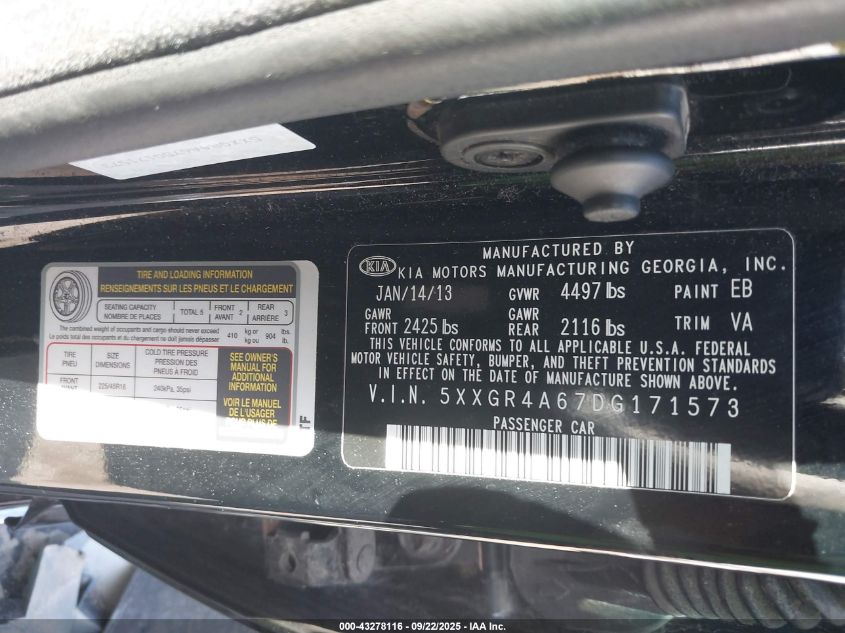 2013 Kia Optima Sx VIN: 5XXGR4A67DG171573 Lot: 43278116