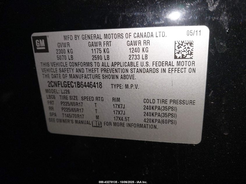 2011 Chevrolet Equinox Ltz VIN: 2CNFLGEC1B6446418 Lot: 43278135