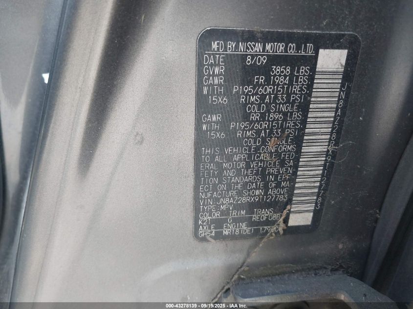 2009 Nissan Cube 1.8S VIN: JN8AZ28RX9T127783 Lot: 43278139