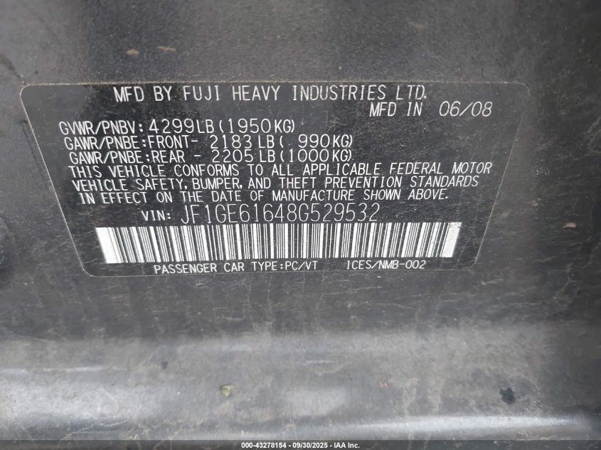 2008 Subaru Impreza 2.5I VIN: JF1GE61648G529532 Lot: 43278154
