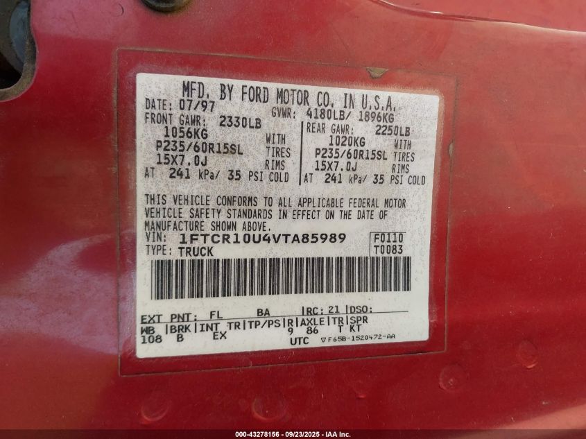 1997 Ford Ranger Splash/Xl/Xlt VIN: 1FTCR10U4VTA85989 Lot: 43278156