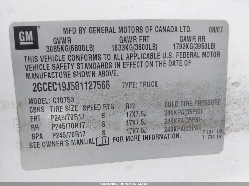 2008 Chevrolet Silverado 1500 Lt1 VIN: 2GCEC19J581127566 Lot: 43278157