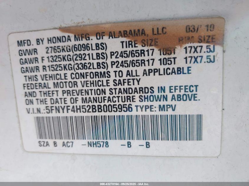 2011 Honda Pilot Ex-L VIN: 5FNYF4H52BB005956 Lot: 43278164