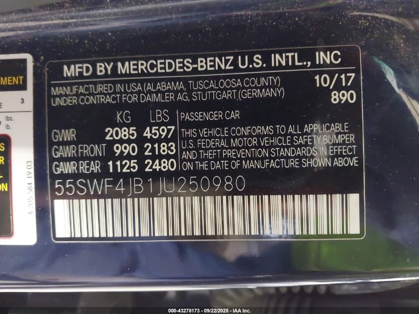 2018 Mercedes-Benz C 300 VIN: 55SWF4JB1JU250980 Lot: 43278173