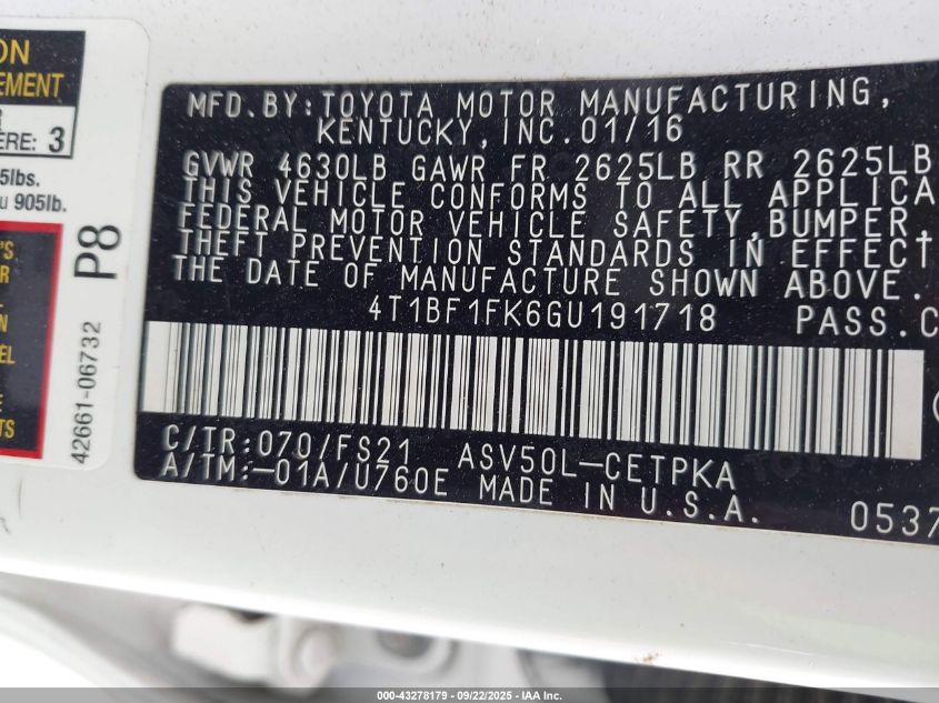 2016 Toyota Camry Se VIN: 4T1BF1FK6GU191718 Lot: 43278179