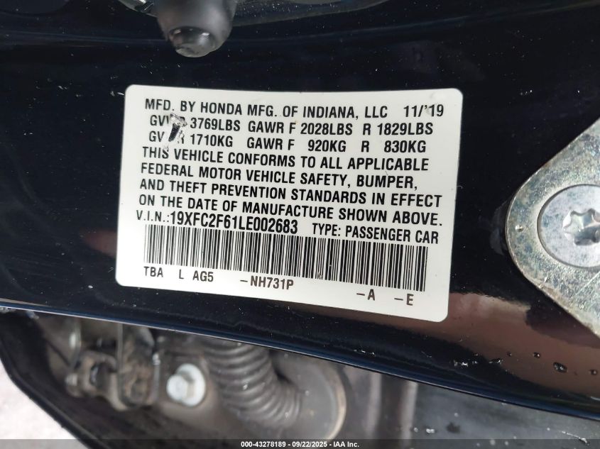 2020 Honda Civic Lx VIN: 19XFC2F61LE002683 Lot: 43278189