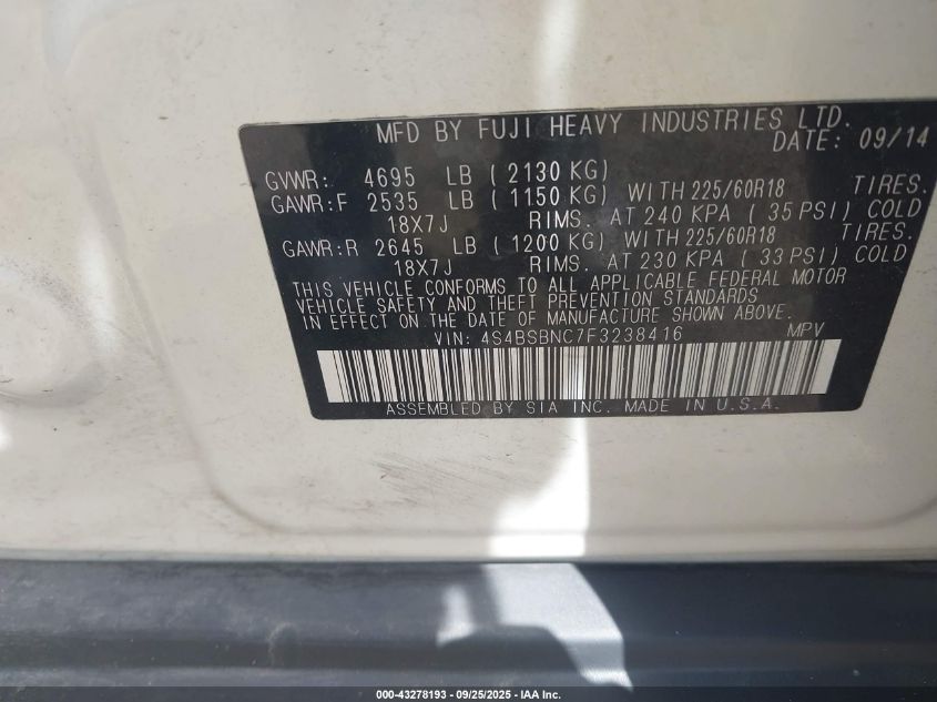 2015 Subaru Outback 2.5I Limited VIN: 4S4BSBNC7F3238416 Lot: 43278193