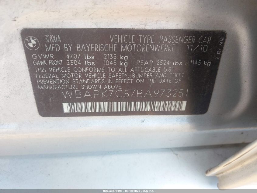 2011 BMW 328I xDrive VIN: WBAPK7C57BA973251 Lot: 43278198