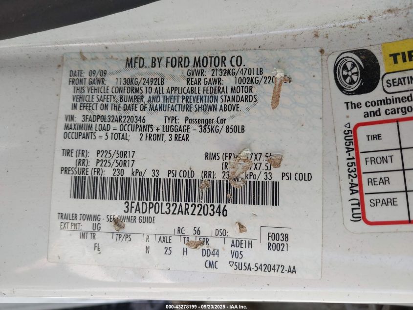 2010 Ford Fusion Hybrid VIN: 3FADP0L32AR220346 Lot: 43278199