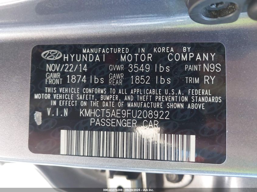 2015 Hyundai Accent Gs VIN: KMHCT5AE9FU208922 Lot: 43278208