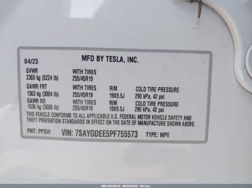 2023 Tesla Model Y Awd/Long Range Dual Motor All-Wheel Drive VIN: 7SAYGDEE5PF755573 Lot: 43278210