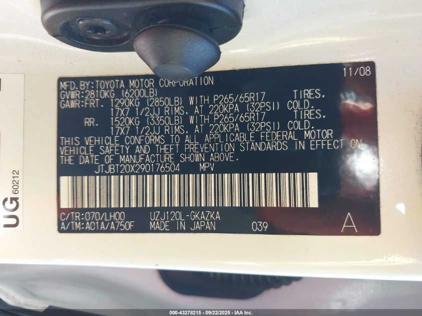 2009 Lexus Gx 470 VIN: JTJBT20X290176504 Lot: 43278215