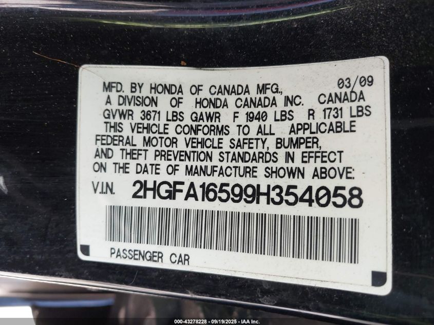 2009 Honda Civic Lx VIN: 2HGFA16599H354058 Lot: 43278228