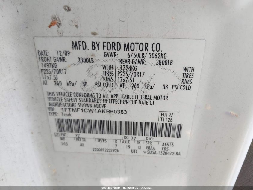 2010 Ford F-150 Stx/Xl/Xlt VIN: 1FTMF1CW1AKB60383 Lot: 43278231