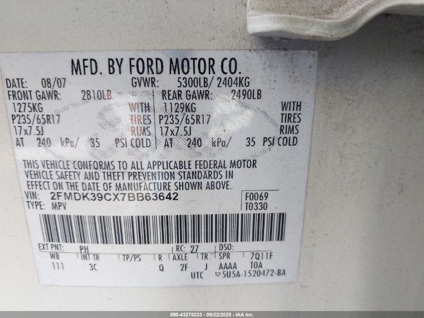 2007 Ford Edge Sel Plus VIN: 2FMDK39CX7BB63642 Lot: 43278233