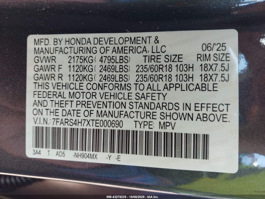 2026 Honda Cr-V Ex-L Awd VIN: 7FARS4H7XTE000690 Lot: 43278235