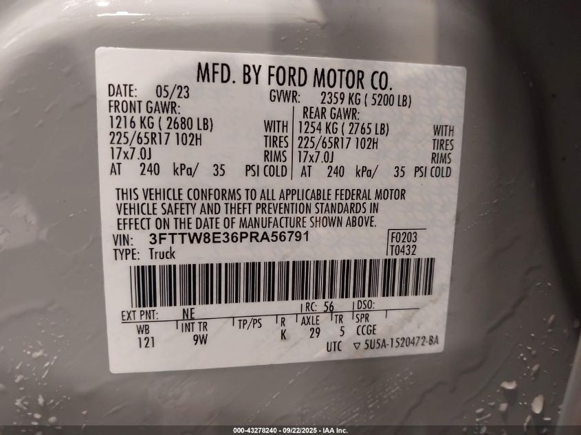 2023 Ford Maverick Xl VIN: 3FTTW8E36PRA56791 Lot: 43278240