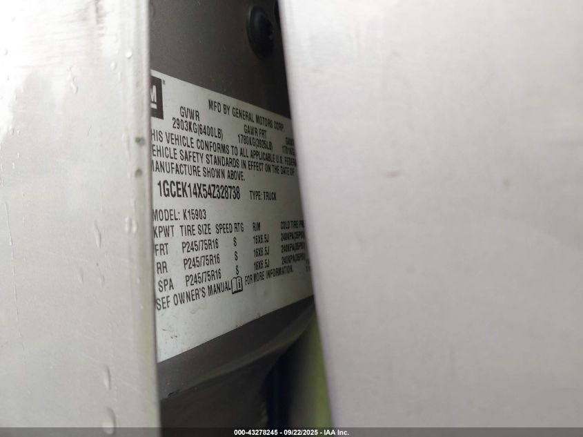 2004 Chevrolet Silverado 1500 Work Truck VIN: 1GCEK14X54Z328738 Lot: 43278245
