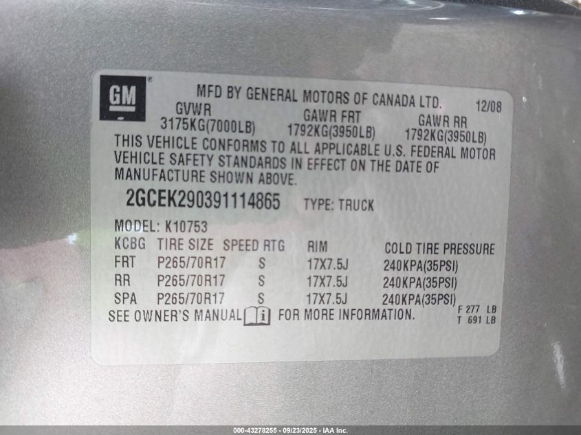 2009 Chevrolet Silverado 1500 Lt VIN: 2GCEK290391114865 Lot: 43278255