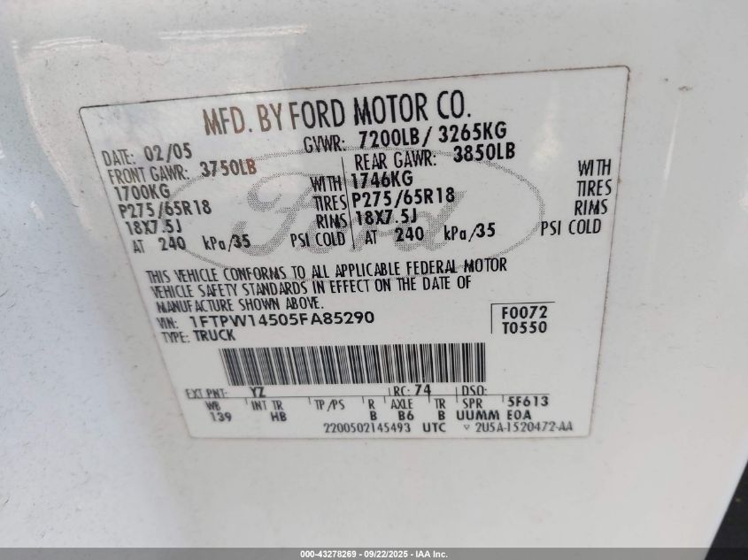 2005 Ford F-150 Fx4/Lariat/Xlt VIN: 1FTPW14505FA85290 Lot: 43278269