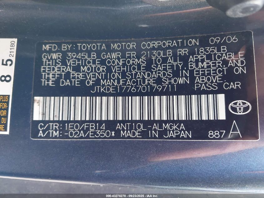 2007 Scion Tc VIN: JTKDE177670179711 Lot: 43278278