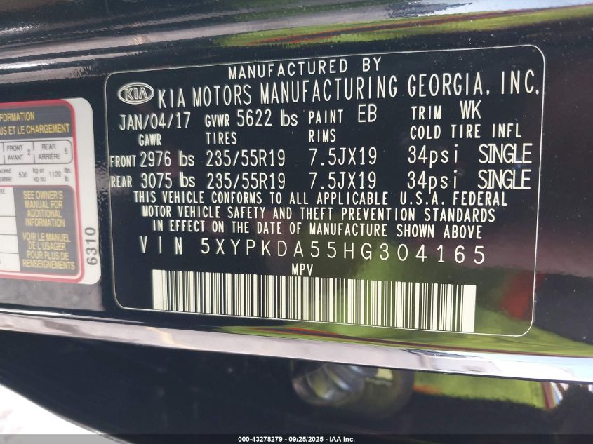 2017 Kia Sorento 3.3L Sxl VIN: 5XYPKDA55HG304165 Lot: 43278279