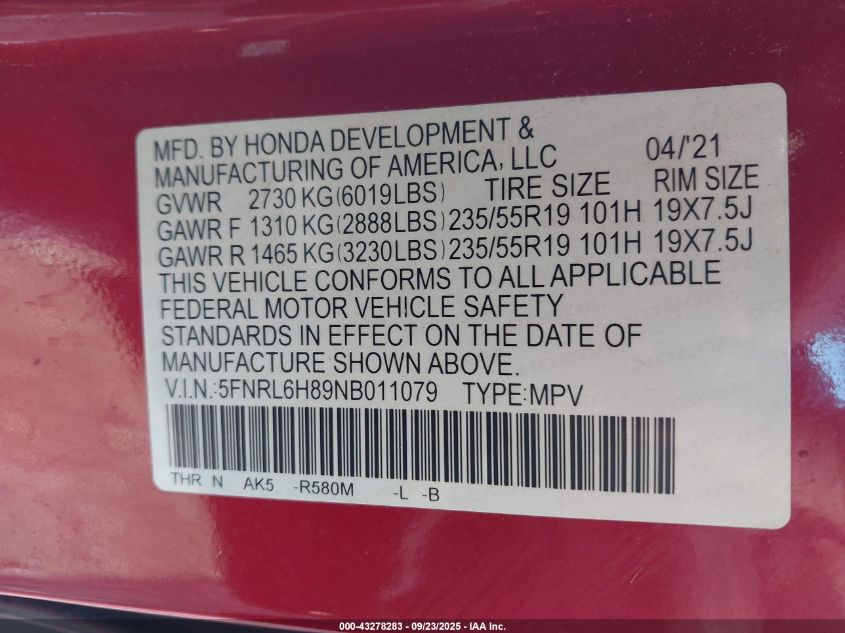 2022 Honda Odyssey Touring VIN: 5FNRL6H89NB011079 Lot: 43278283