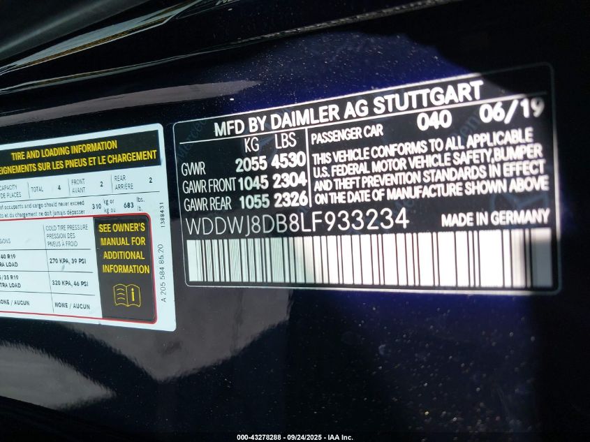 2020 Mercedes-Benz C 300 VIN: WDDWJ8DB8LF933234 Lot: 43278288