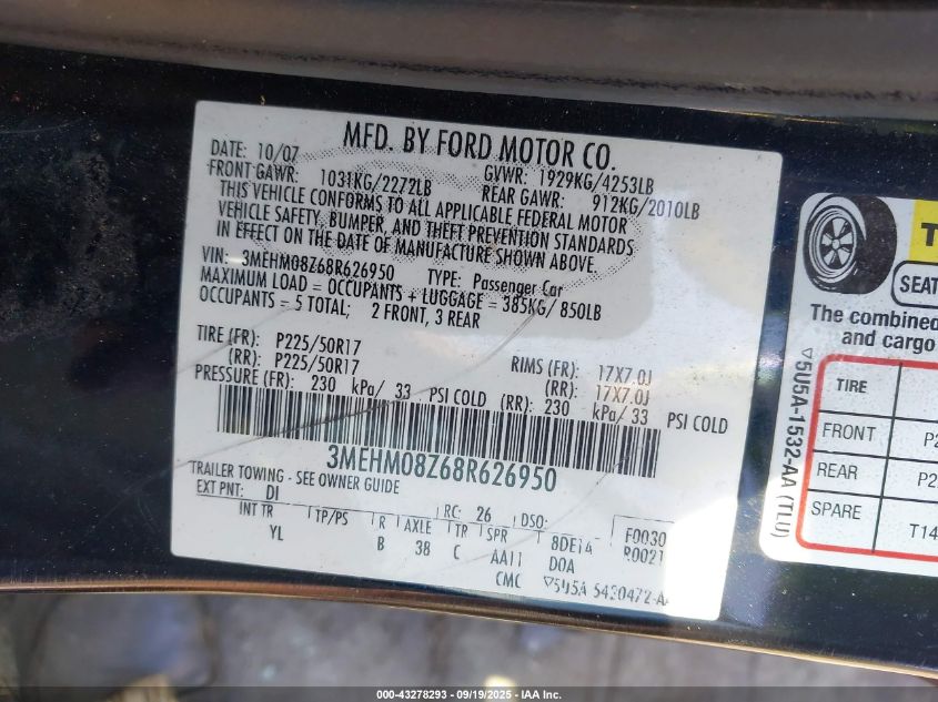 2008 Mercury Milan I4 Premier VIN: 3MEHM08Z68R626950 Lot: 43278293