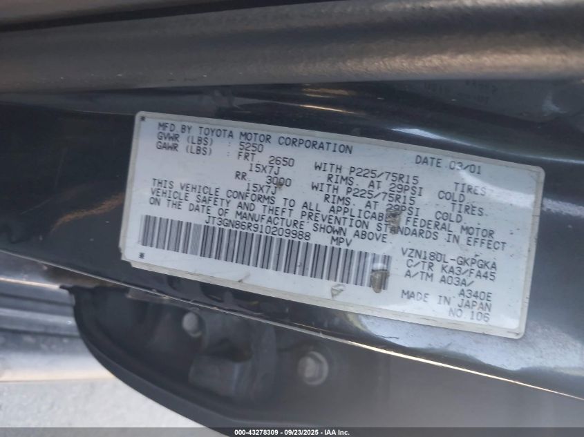 2001 Toyota 4Runner Sr5 V6 VIN: JT3GN86R910209988 Lot: 43278309