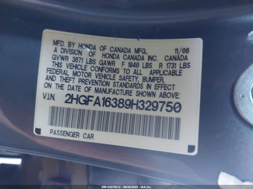 2009 Honda Civic Vp VIN: 2HGFA16389H329750 Lot: 43278312