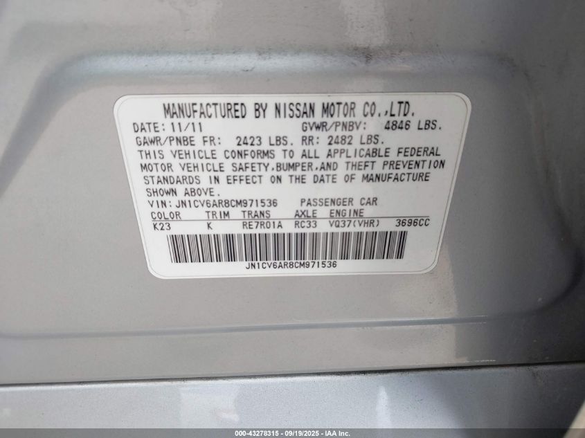 2012 Infiniti G37X VIN: JN1CV6AR8CM971536 Lot: 43278315