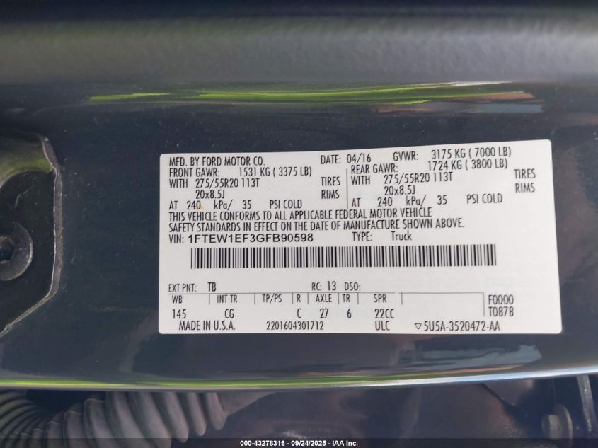 2016 Ford F-150 Xl VIN: 1FTEW1EF3GFB90598 Lot: 43278316