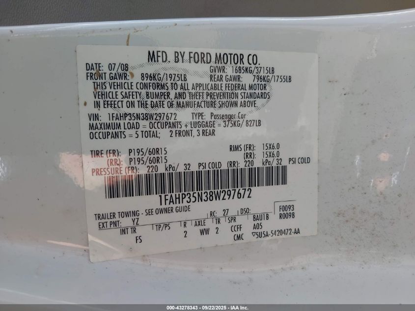 2008 Ford Focus Se/Ses VIN: 1FAHP35N38W297672 Lot: 43278343