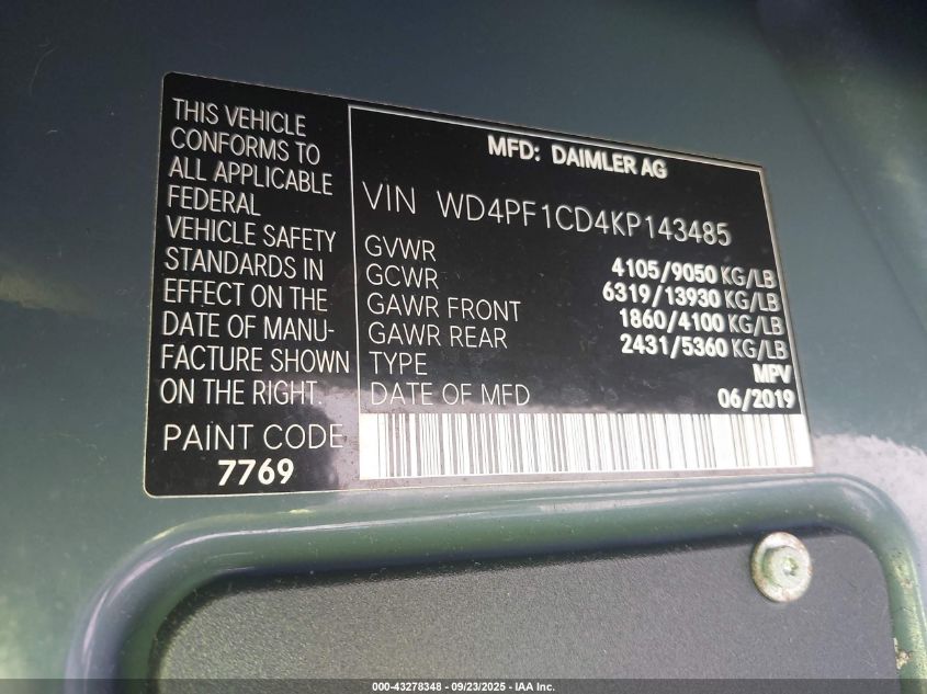 2019 Mercedes-Benz Sprinter 2500 High Roof V6 VIN: WD4PF1CD4KP143485 Lot: 43278348