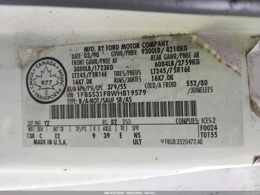 1998 Ford Econoline E350 Super Duty VIN: 1FBSS31F8WHB19579 Lot: 43278350