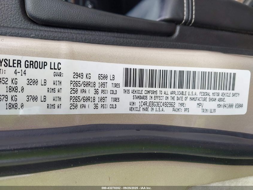 2014 Jeep Grand Cherokee Limited VIN: 1C4RJEBG3EC492962 Lot: 43278352