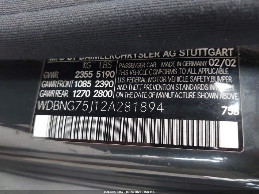 2002 Mercedes-Benz S 500 VIN: WDBNG75J12A281894 Lot: 43278357