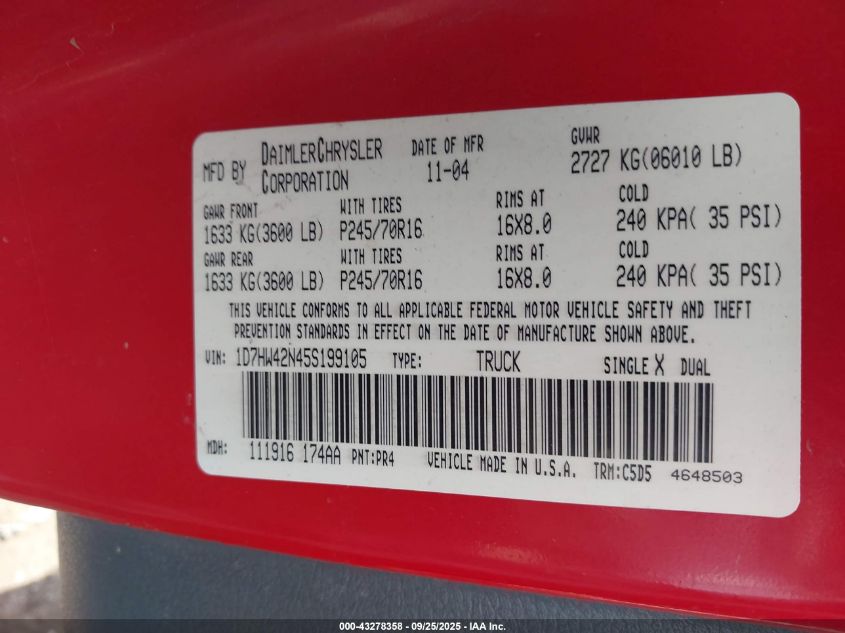 2005 Dodge Dakota Slt VIN: 1D7HW42N45S199105 Lot: 43278358