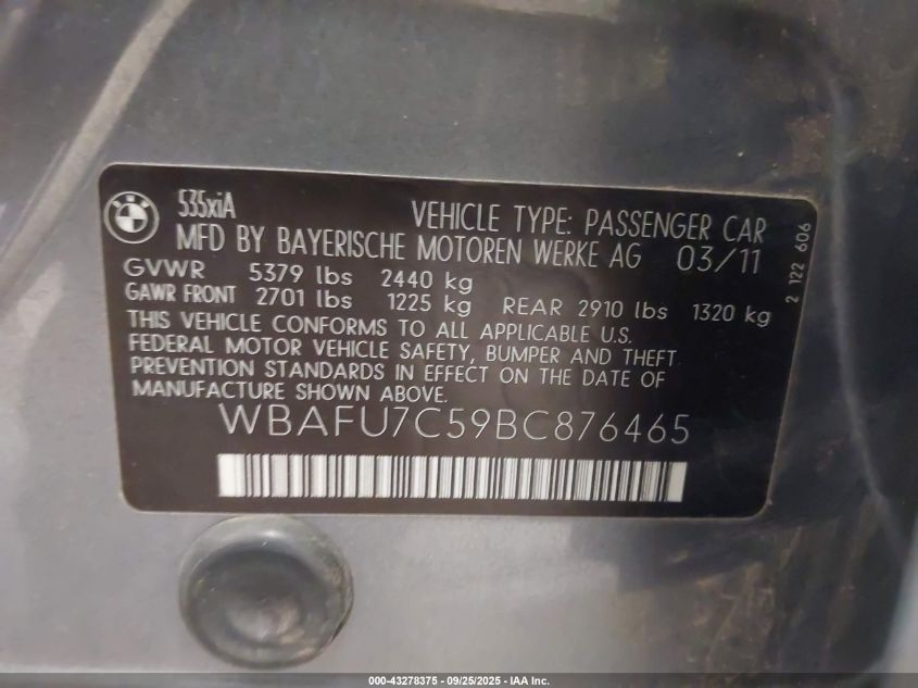 2011 BMW 535I xDrive VIN: WBAFU7C59BC876465 Lot: 43278375