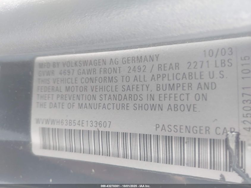 2004 Volkswagen Passat Glx VIN: WVWWH63B54E133607 Lot: 43278381