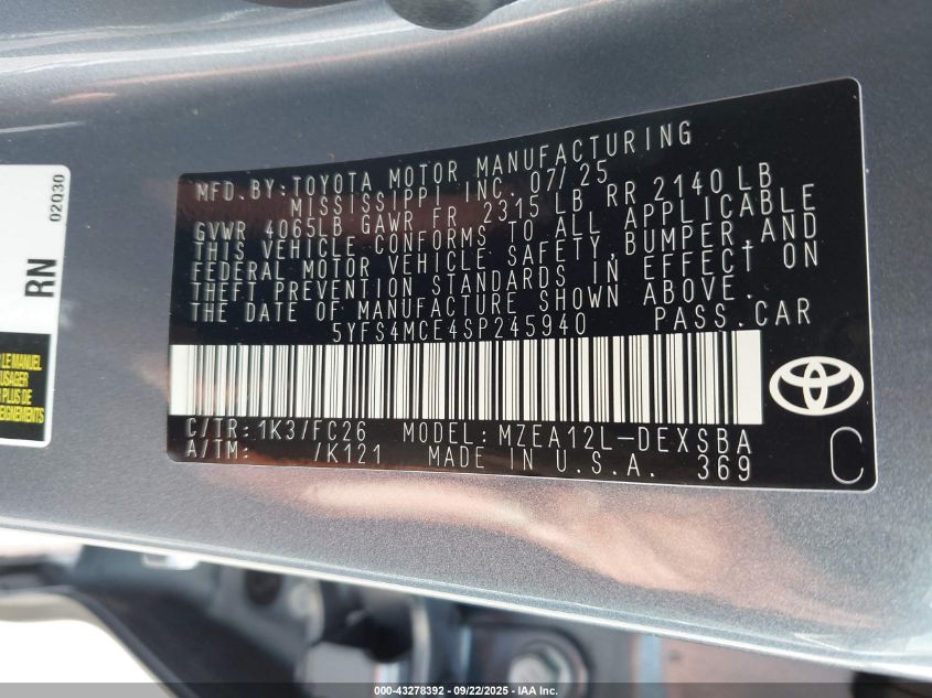 2025 Toyota Corolla Se VIN: 5YFS4MCE4SP245940 Lot: 43278392