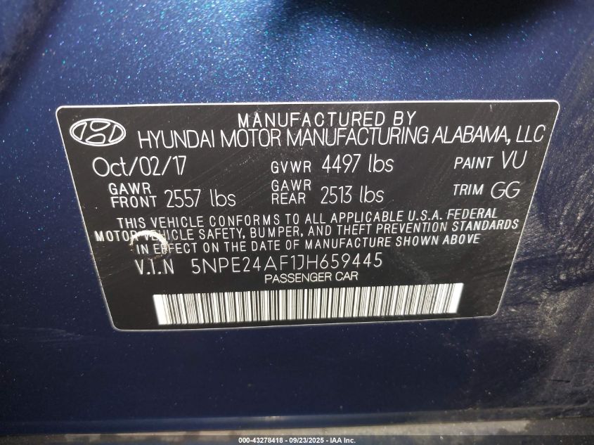 2018 Hyundai Sonata Se VIN: 5NPE24AF1JH659445 Lot: 43278418