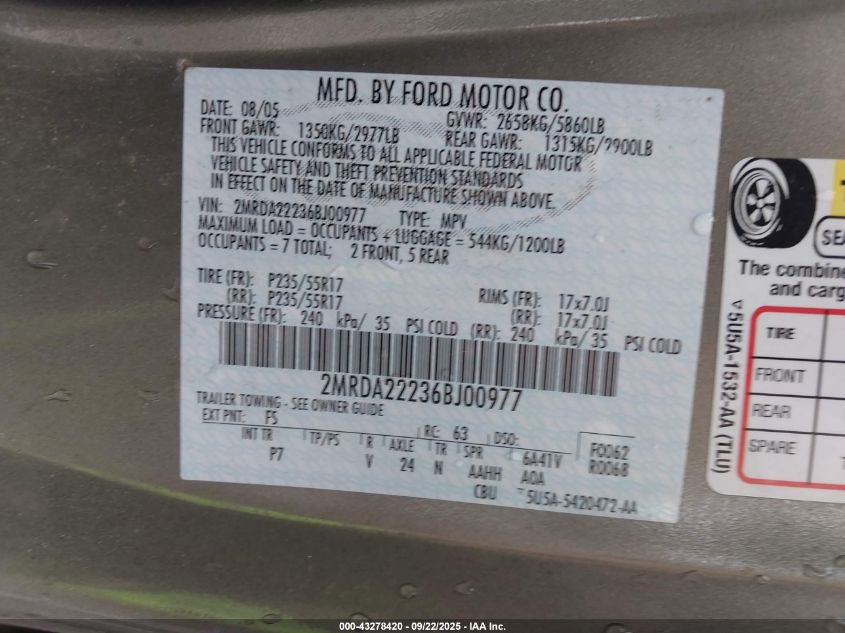 2006 Mercury Monterey Luxury VIN: 2MRDA22236BJ00977 Lot: 43278420