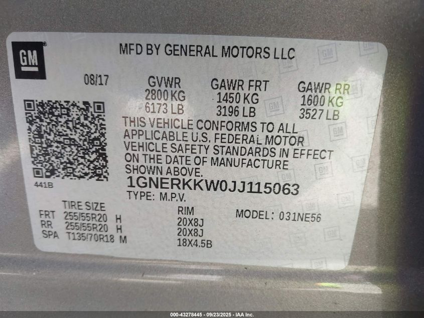 2018 Chevrolet Traverse Premier VIN: 1GNERKKW0JJ115063 Lot: 43278445