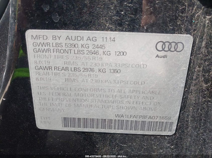 2015 Audi Q5 2.0T Premium VIN: WA1LFAFP8FA071658 Lot: 43278450